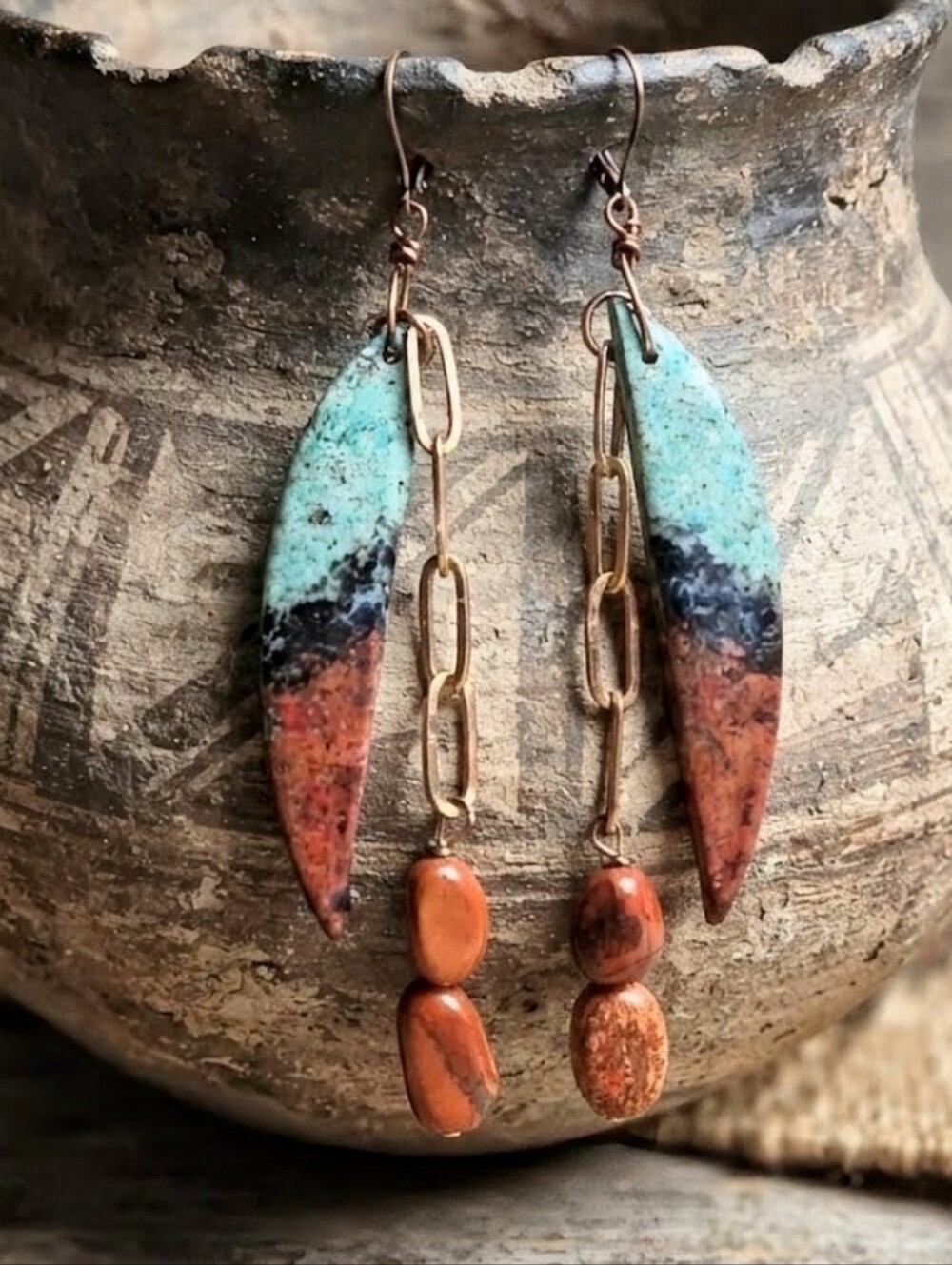 Authentic Mexican Sonora Sunrise In Artisan Handmade Earrings In Antique Copper